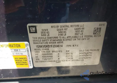 2015 Chevrolet Traverse 1Lt z USA, uszkodzony, nr VIN 1GNKVGKD1FJ304614